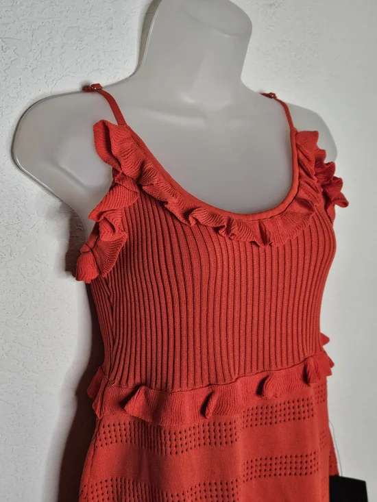 Lulus Red Orange Ruffle Strap Knit Mini Dress L Sleeveless Fit & Flare NWT - Picture 4 of 11